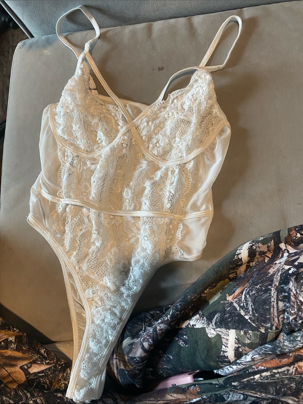 Victoria's Secret Ivory Lace Thong Bodysuit